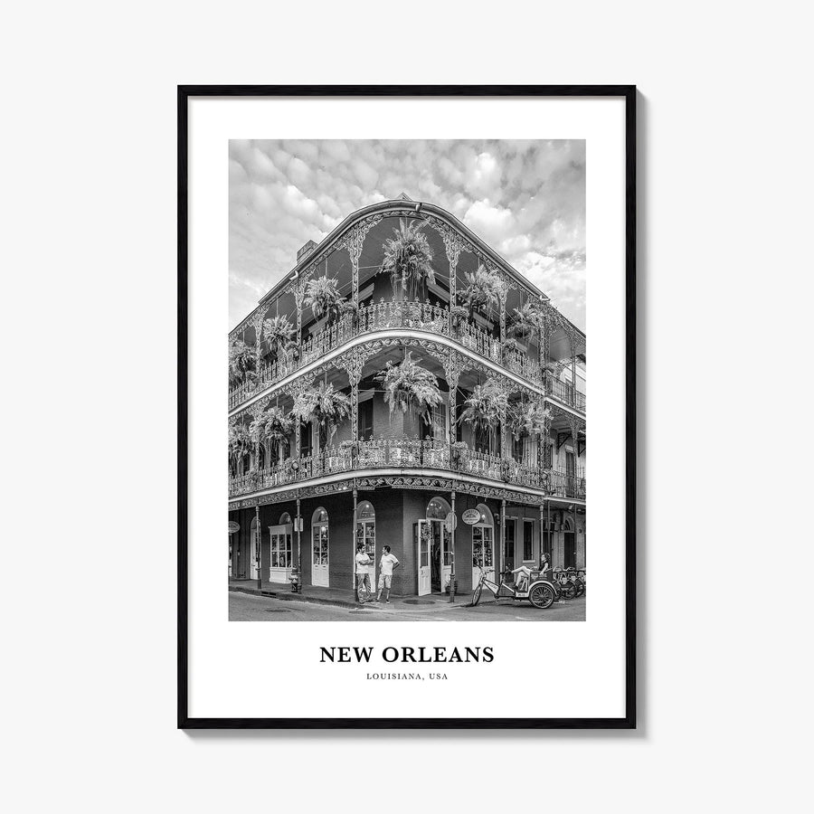 New Orleans no. 2 black & white classic poster of Louisiana, USA – vertical wall art, unframed print shown in interior mockup