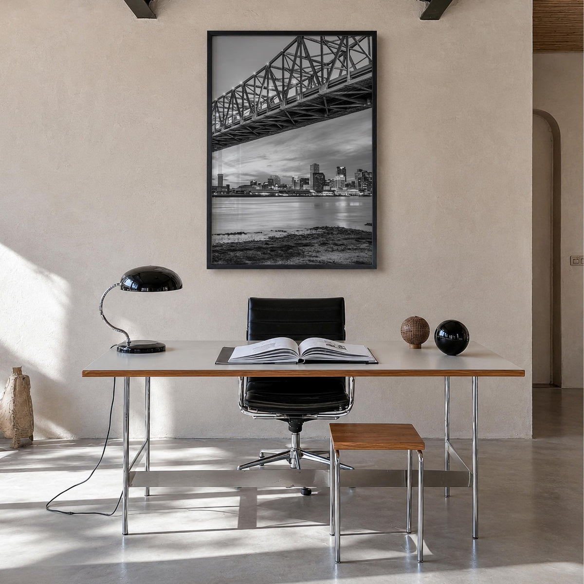 New Orleans no. 2 black & white photo poster of Louisiana, USA – vertical wall art in black wood frame, hanging on wall