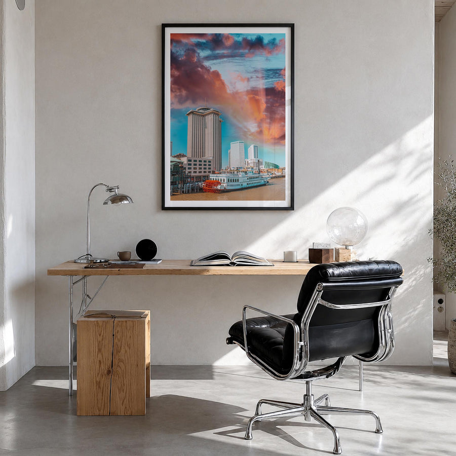 New Orleans no. 2 colorful photo poster of Louisiana, USA – vertical wall art in black wood frame with white border, hanging 