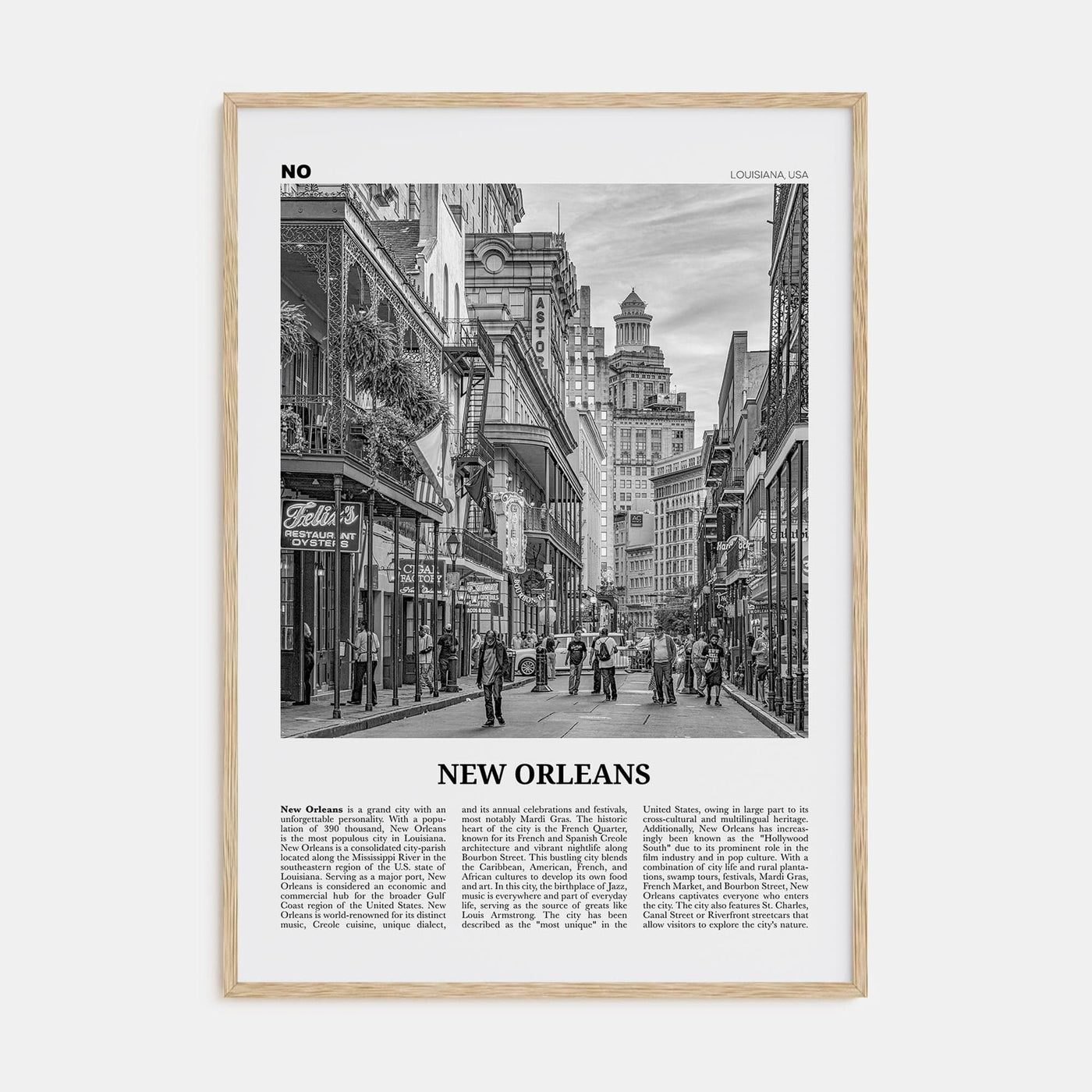 New Orleans No 2 Poster Natural Wood / 8x12 in Nbourhood Travel B&W Poster