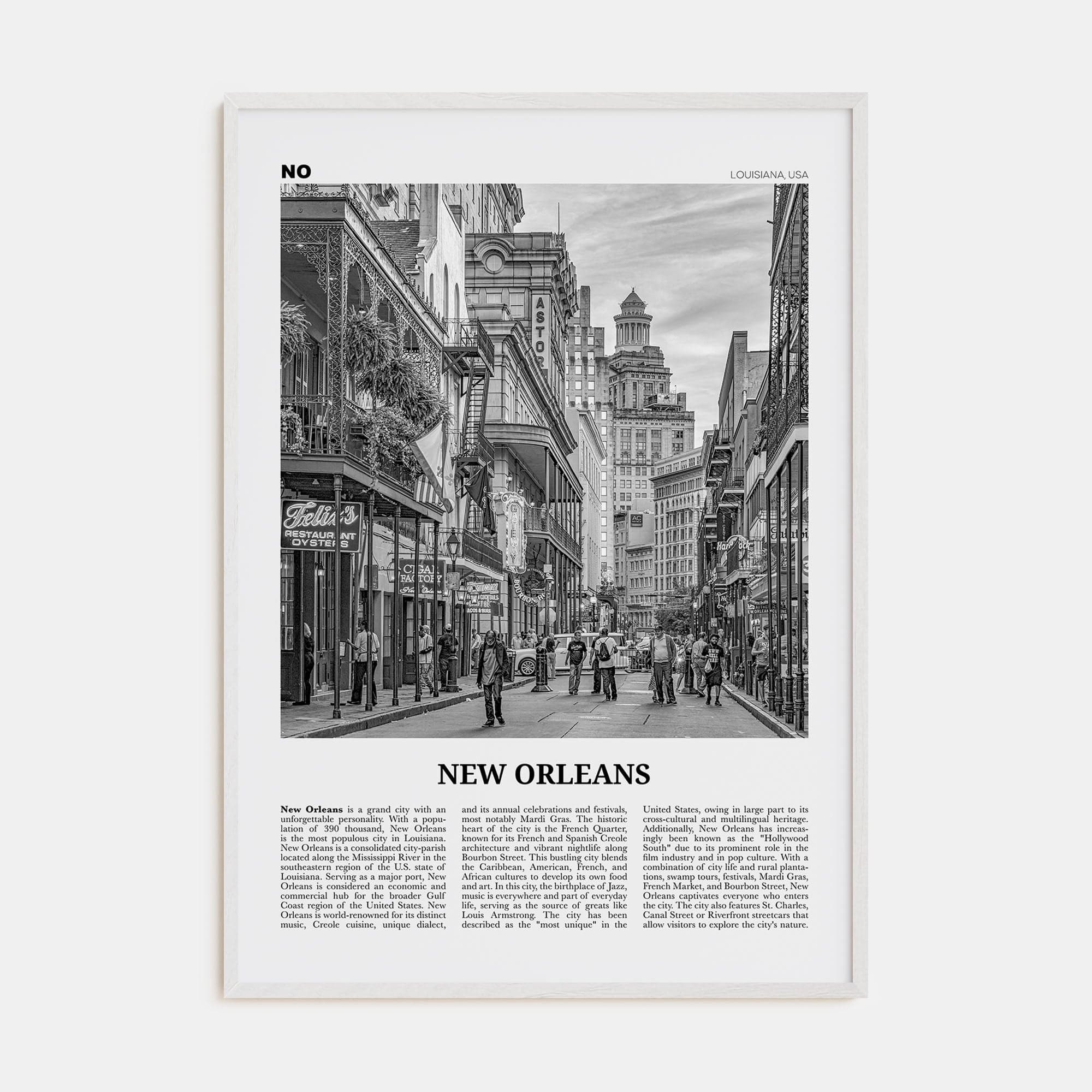 New Orleans No 2 Poster White Wood / 8x12 in Nbourhood Travel B&W Poster