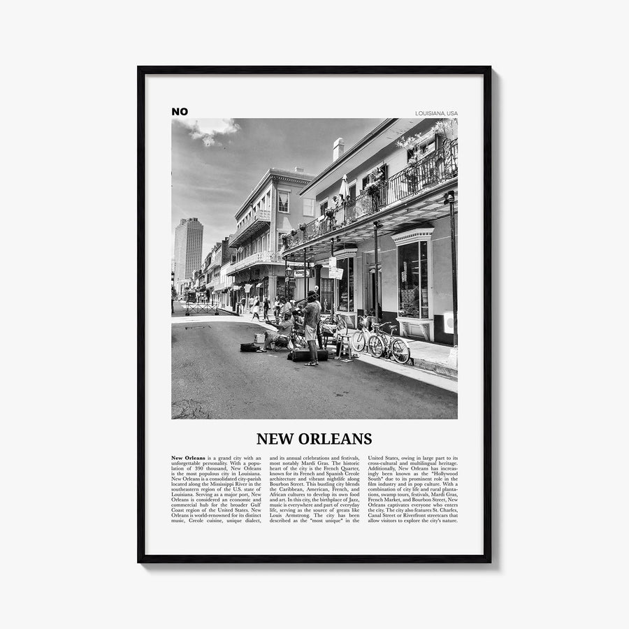 New Orleans no. 3 black & white newspaper poster of Louisiana, USA – vertical wall art, unframed print shown in interior mock
