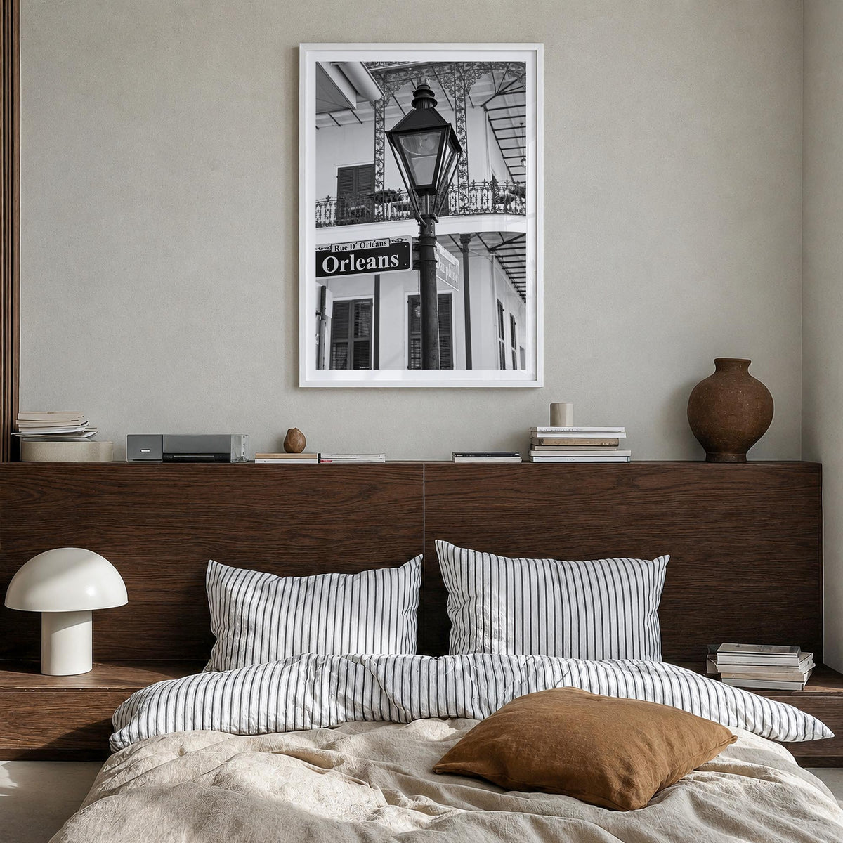 New Orleans no. 3 black & white photo poster of Louisiana, USA – vertical wall art in white wood frame with white border, han