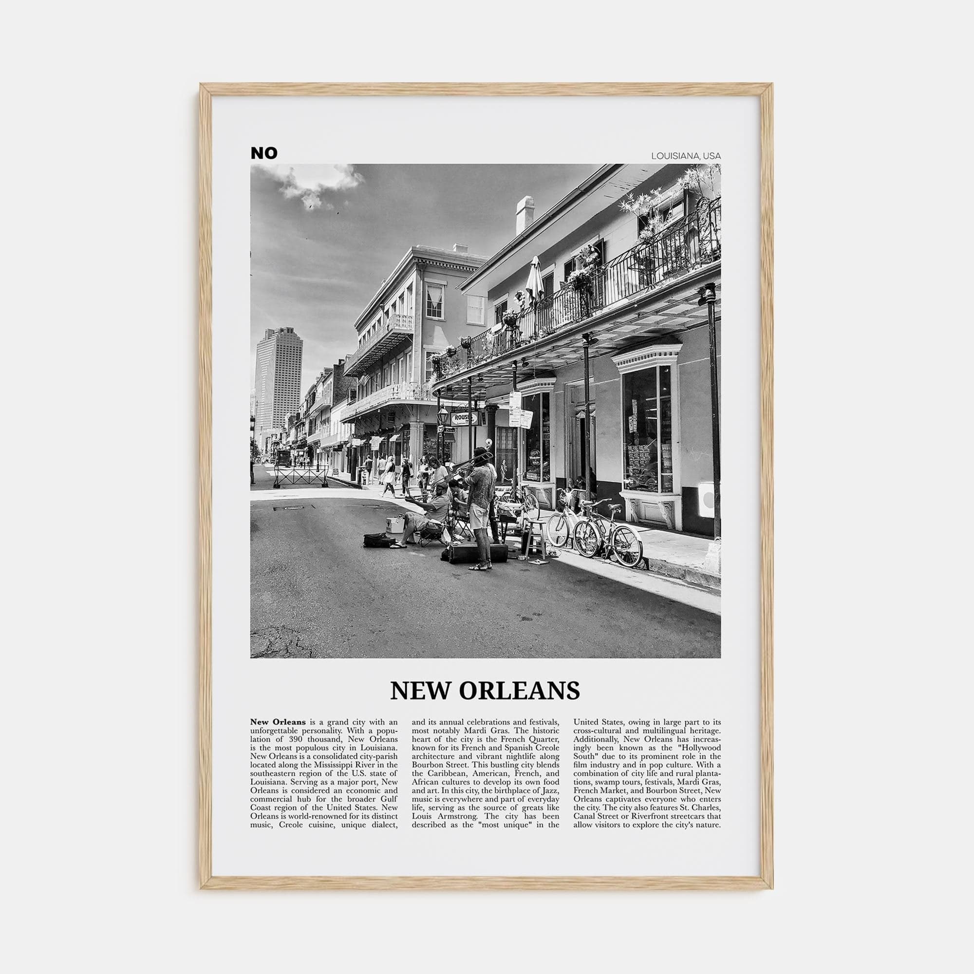 New Orleans No 3 Poster Natural Wood / 8x12 in Nbourhood Travel B&W Poster