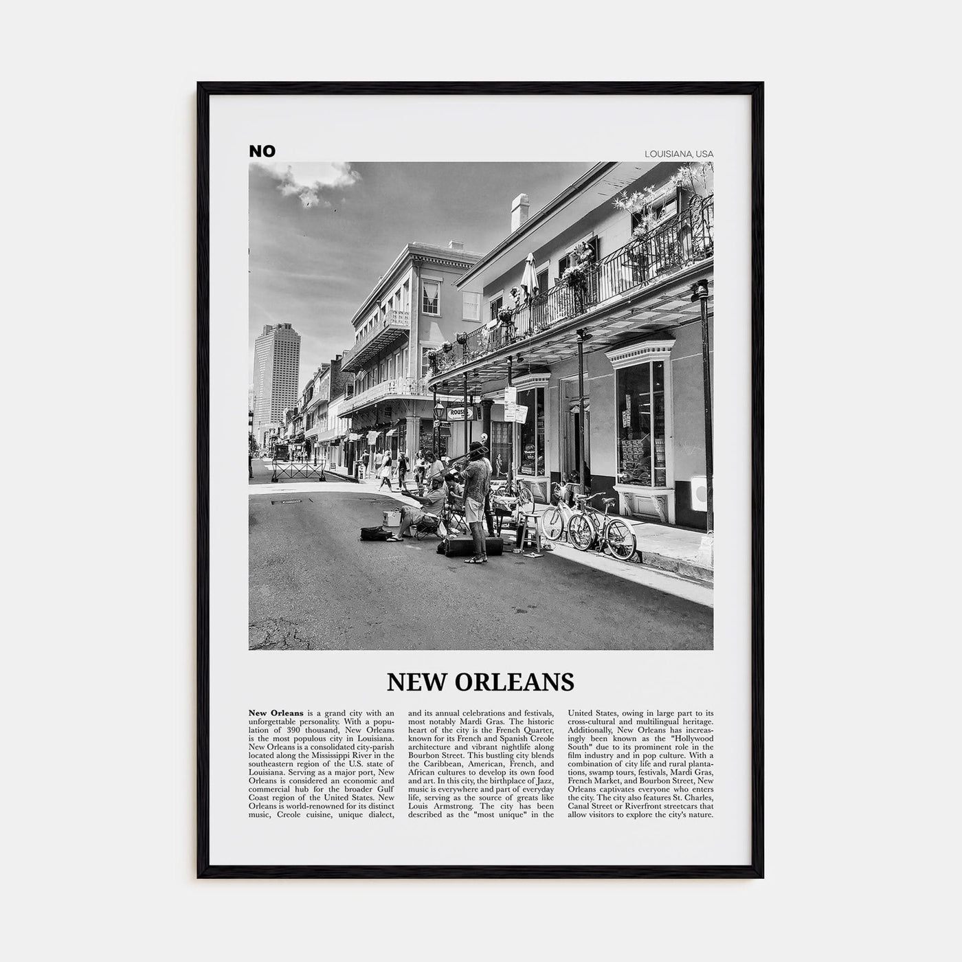 New Orleans No 3 Poster Black Wood / 8x12 in Nbourhood Travel B&W Poster