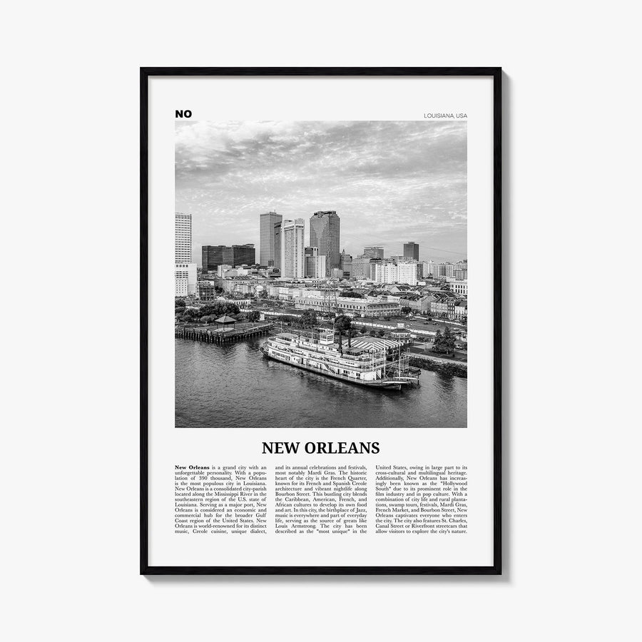 New Orleans no. 4 black & white newspaper poster of Louisiana, USA – vertical wall art, unframed print shown in interior mock