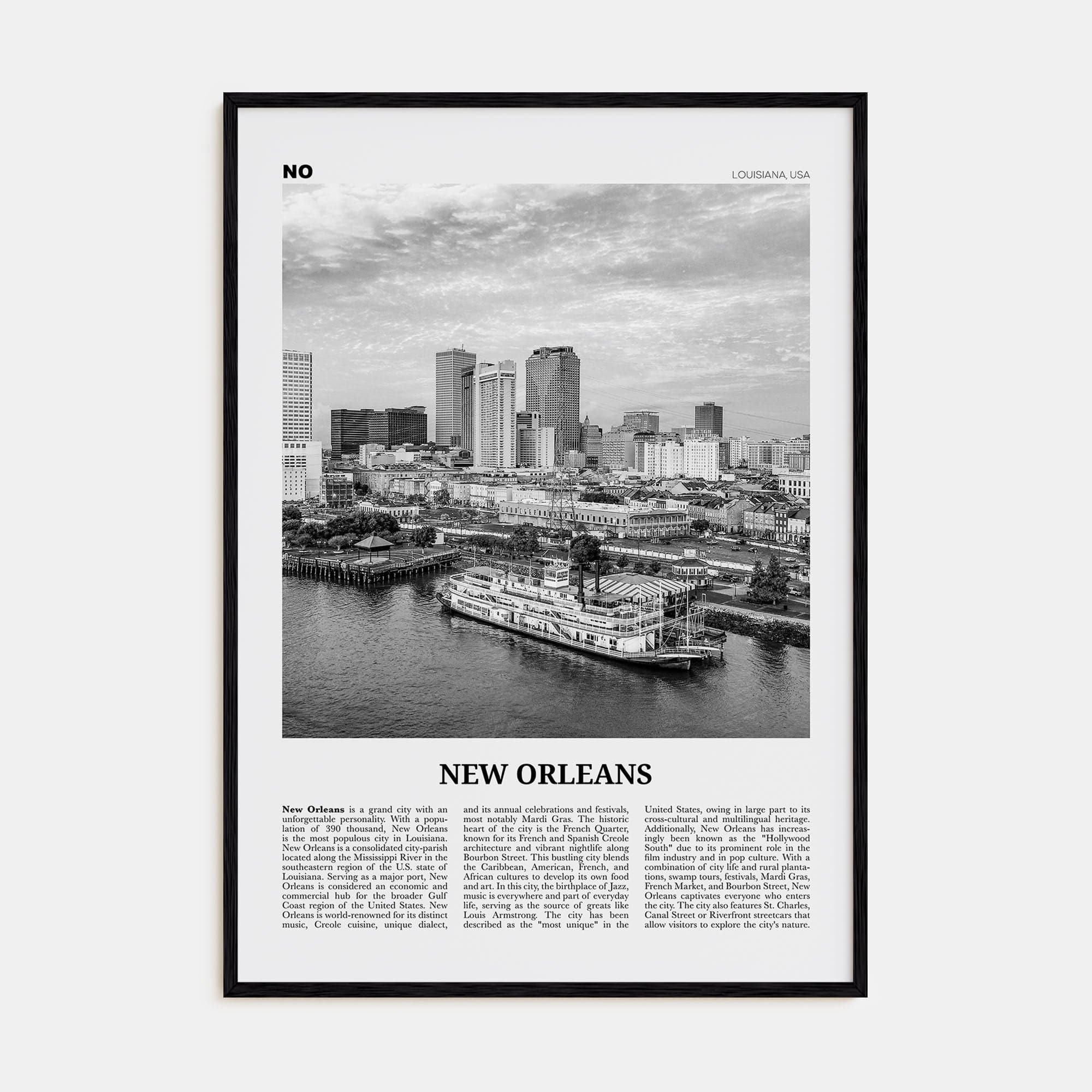 New Orleans No 4 Poster Black Wood / 8x12 in Nbourhood Travel B&W Poster