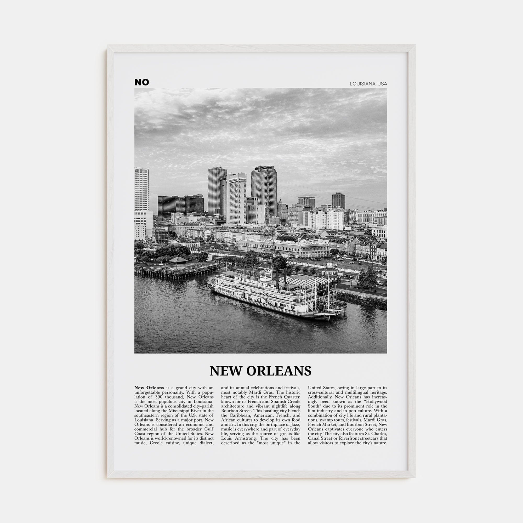 New Orleans No 4 Poster White Wood / 8x12 in Nbourhood Travel B&W Poster