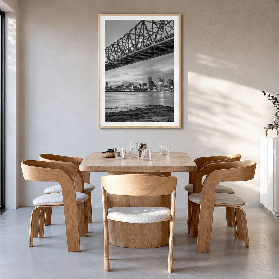 New Orleans Photo No 2 Poster in a natural wood frame, hanging in a dining room, white border