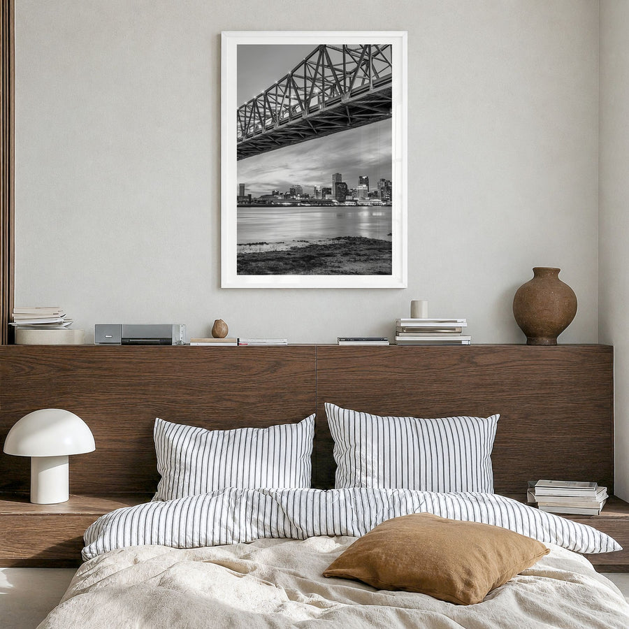 New Orleans Photo No 2 Poster in a white wood frame, hanging in a bedroom, white border
