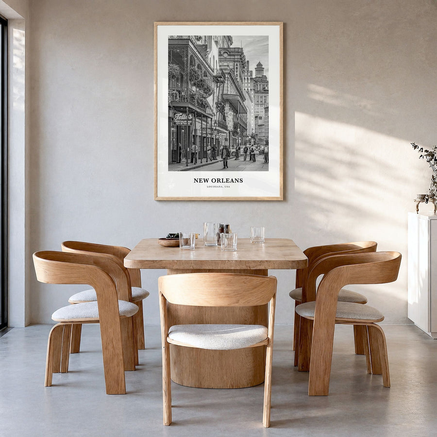 New Orleans Classic No 1 Poster in a natural wood frame, hanging in a dining room
