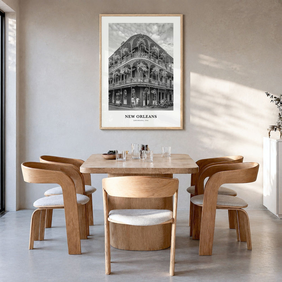 New Orleans Classic No 2 Poster in a natural wood frame, hanging in a dining room