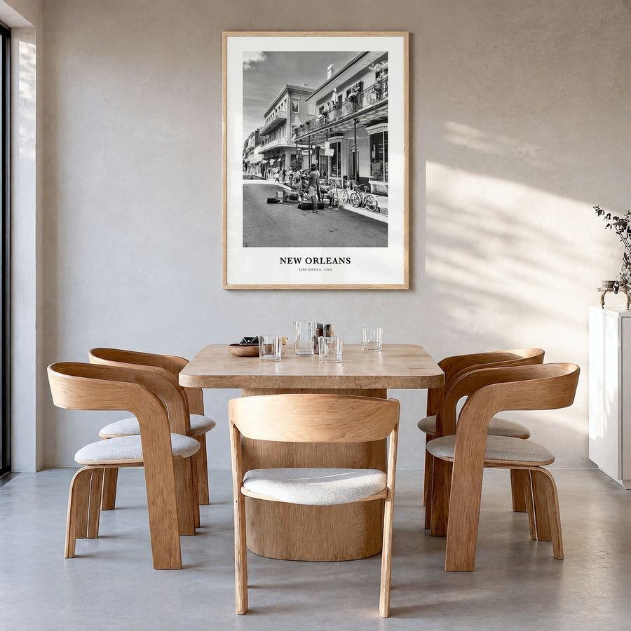 New Orleans Classic No 4 Poster in a natural wood frame, hanging in a dining room