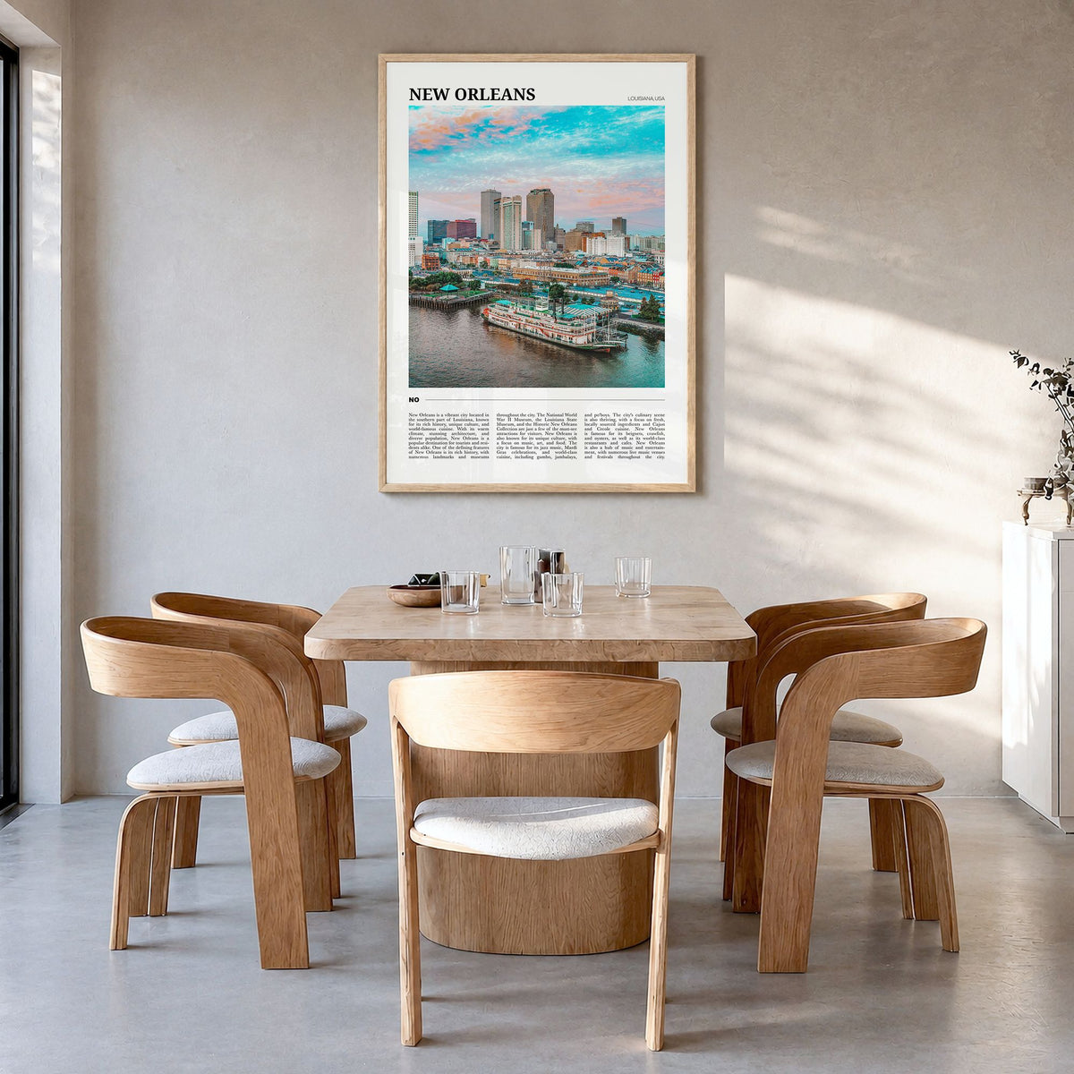 New Orleans Travel Poster in a natural wood frame, hanging in a dining room