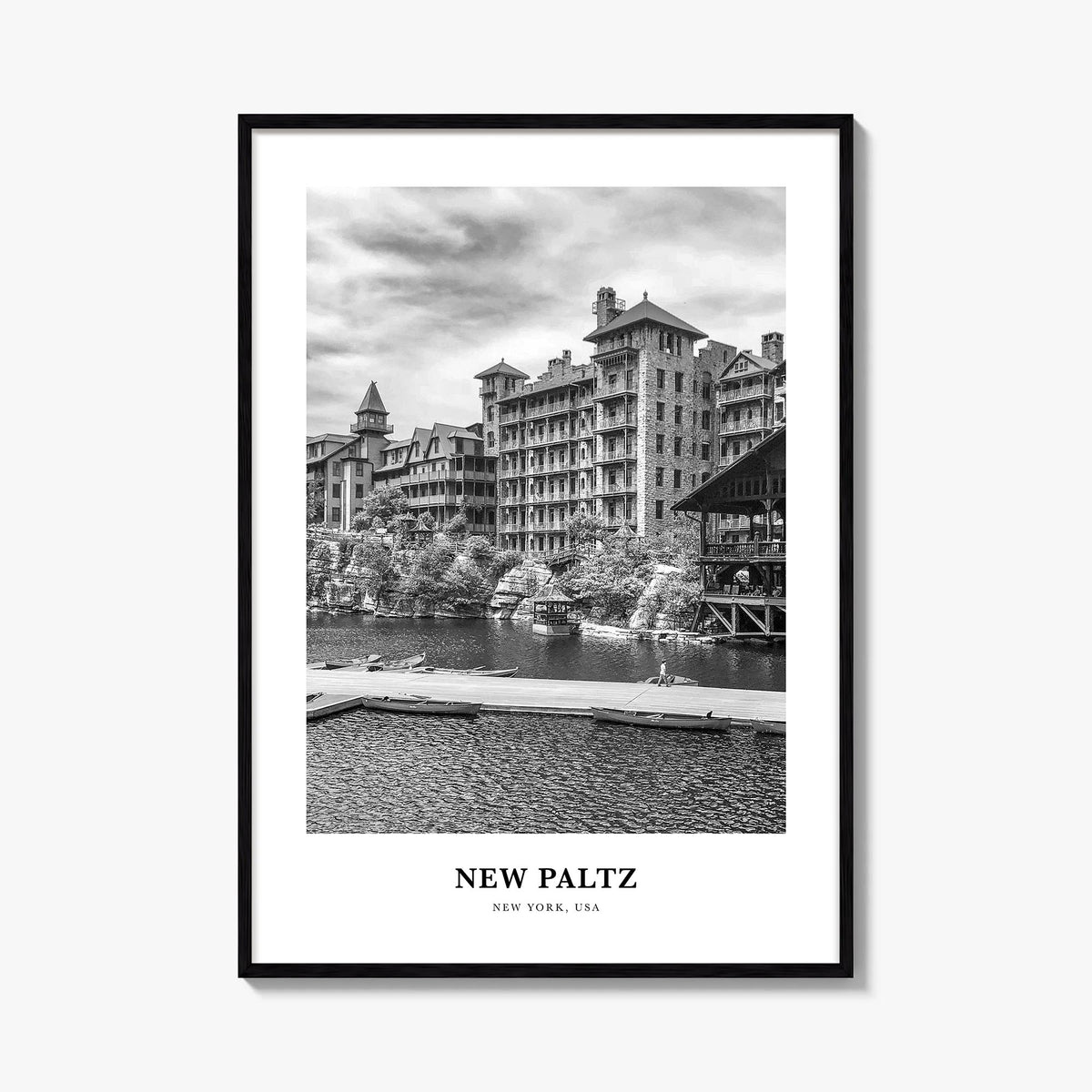 New Paltz black & white classic poster of New York, USA – vertical wall art, unframed print shown in interior mockup