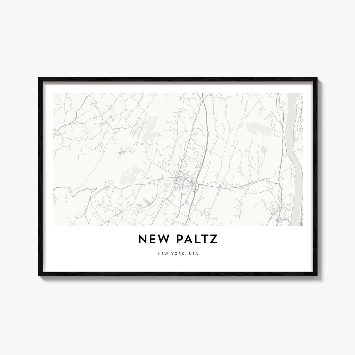 New Paltz black & white map poster of New York, USA – horizontal wall art, unframed print shown in interior mockup