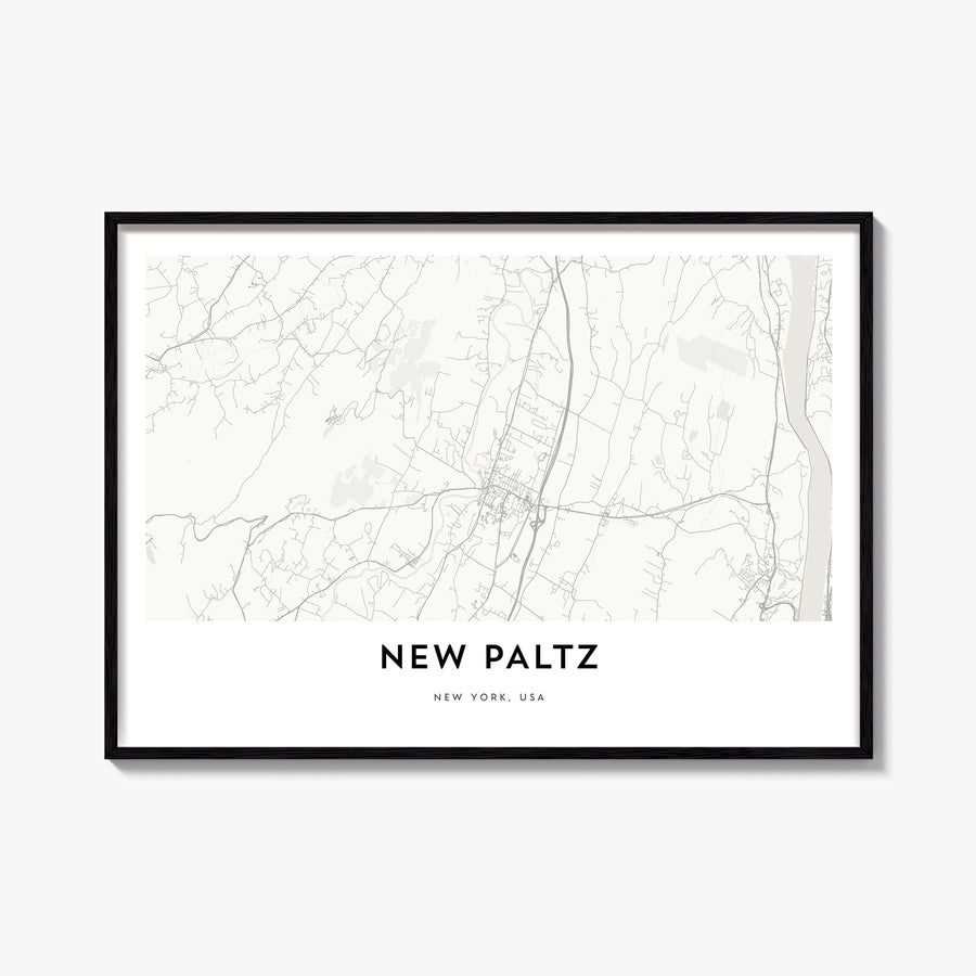New Paltz black & white map poster of New York, USA – horizontal wall art, unframed print shown in interior mockup