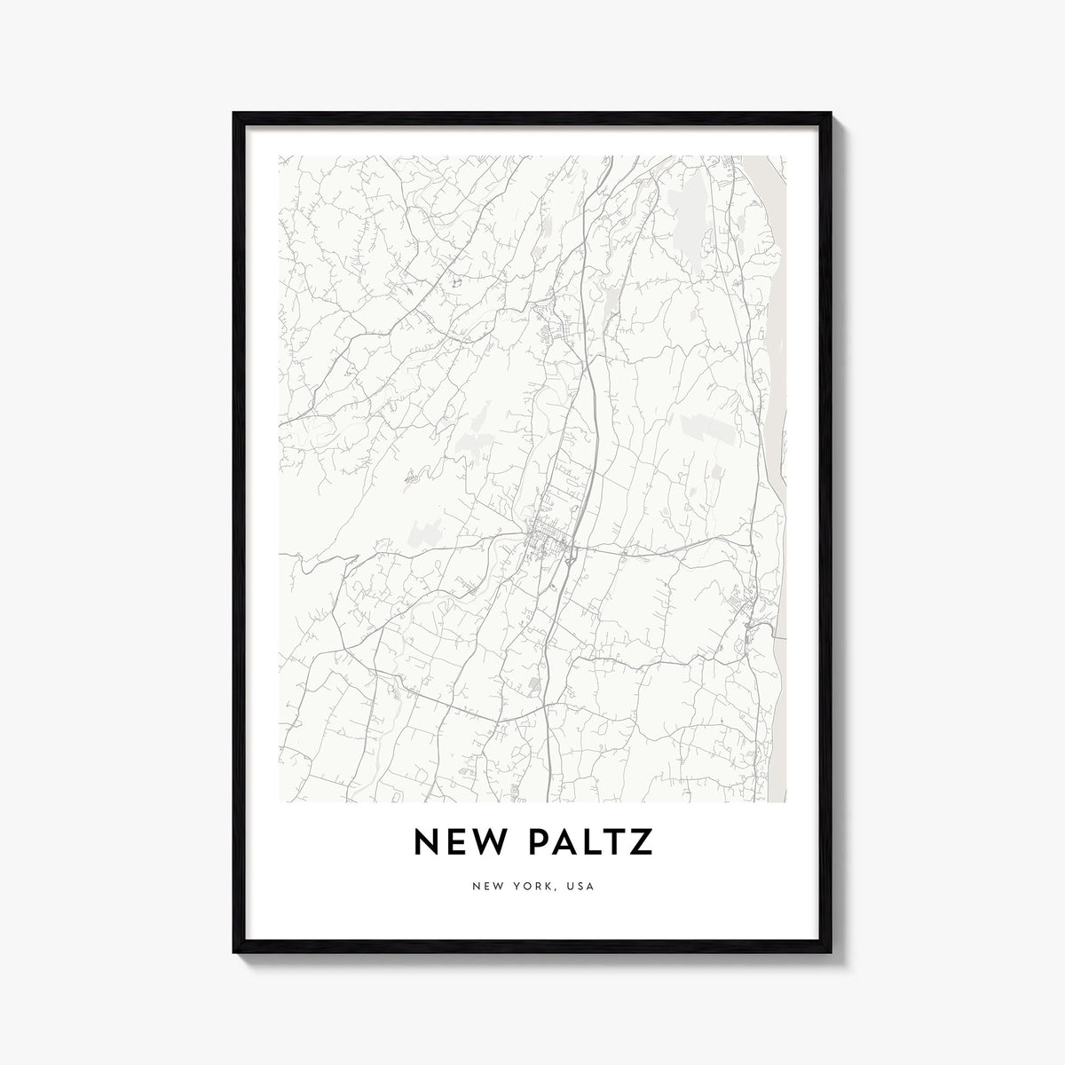 New Paltz black & white map poster of New York, USA – vertical wall art, unframed print shown in interior mockup