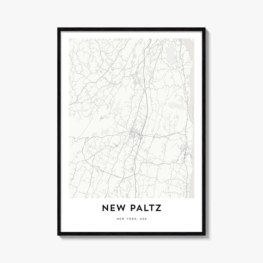 New Paltz black & white map poster of New York, USA – vertical wall art, unframed print shown in interior mockup