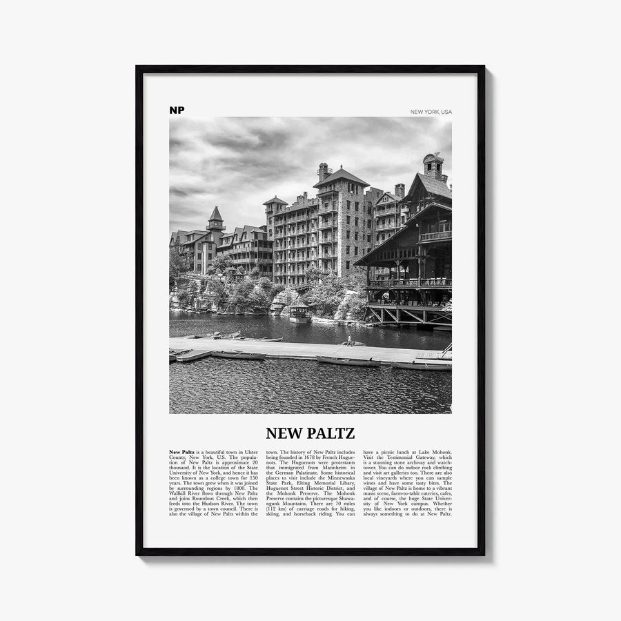 New Paltz black & white newspaper poster of New York, USA – vertical wall art, unframed print shown in interior mockup