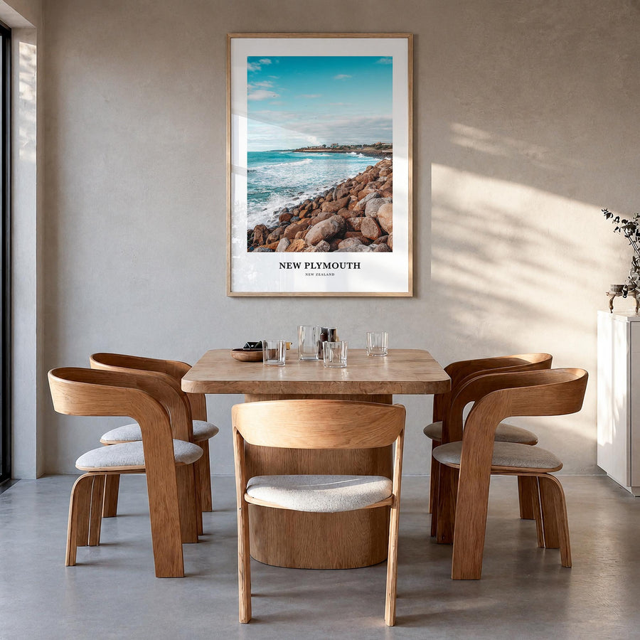 New Plymouth colorful classic poster of New Zealand – vertical wall art in natural wood frame, hanging on wall