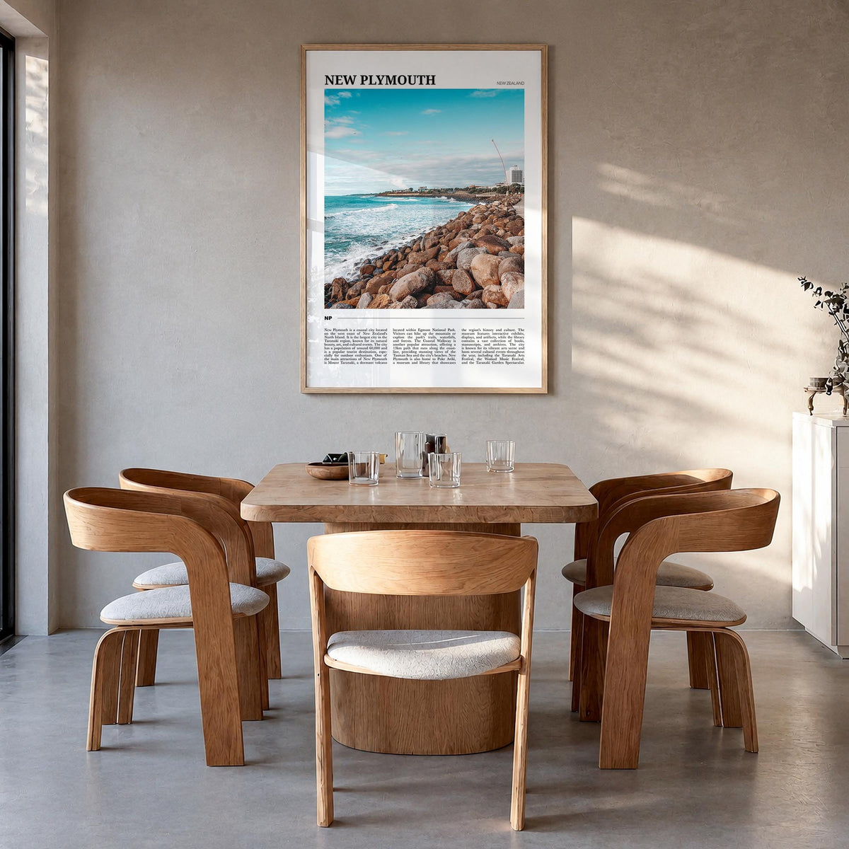 New Plymouth colorful travel poster of New Zealand – vertical wall art in natural wood frame, hanging on wall