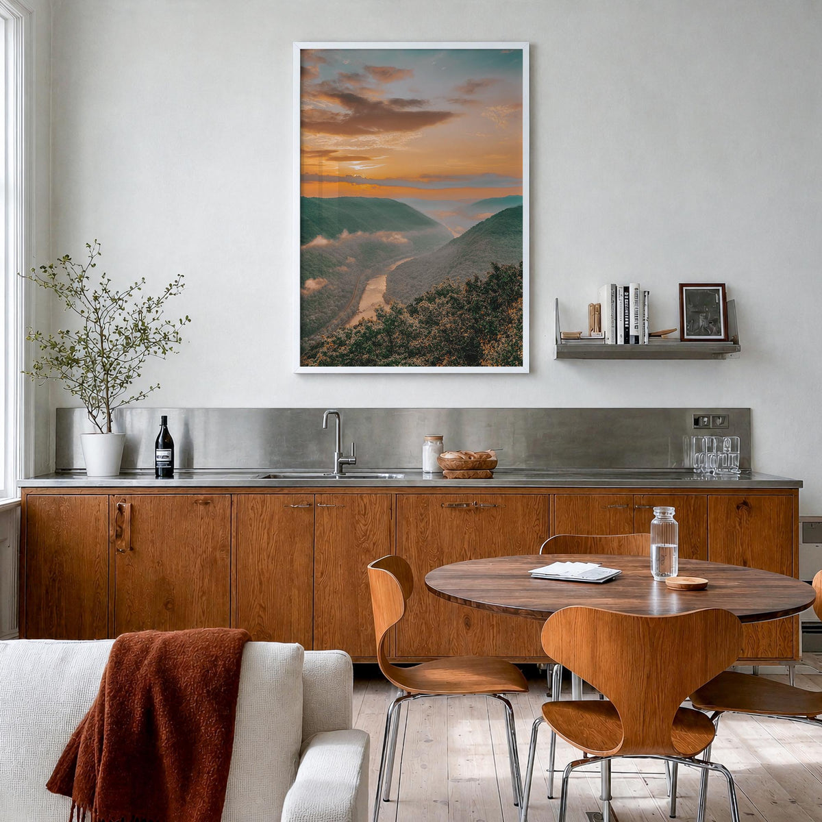 New River Gorge National Park colorful photo poster of West Virginia, USA – vertical wall art in white wood frame, hanging on