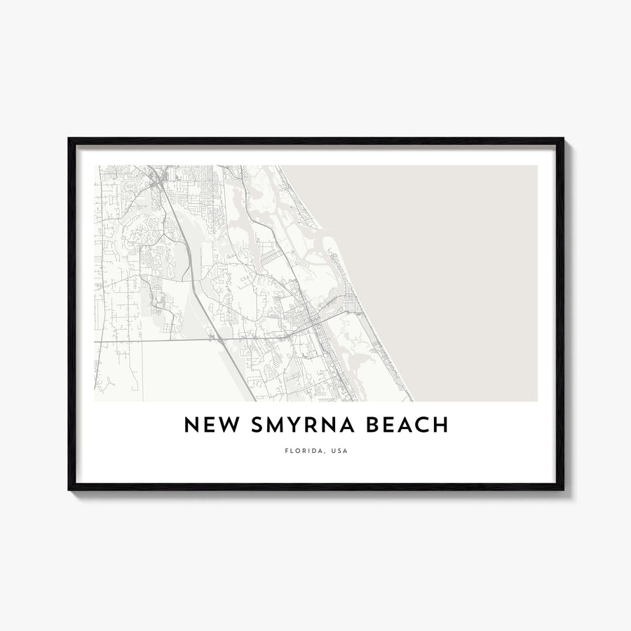New Smyrna Beach black & white map poster of Florida, USA – horizontal wall art, unframed print shown in interior mockup