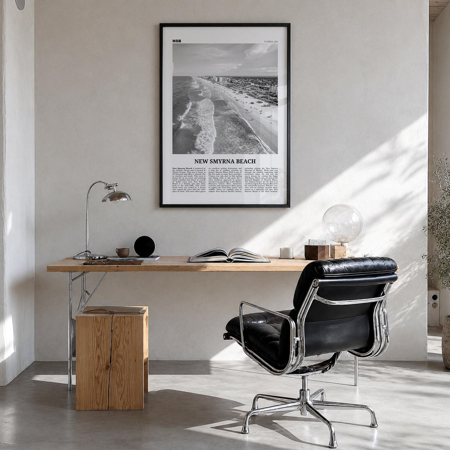 New Smyrna Beach black & white newspaper poster of Florida, USA – vertical wall art in black wood frame, hanging on wall