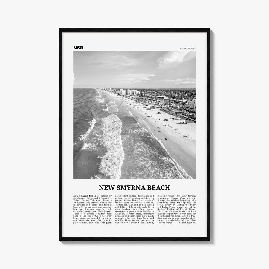 New Smyrna Beach black & white newspaper poster of Florida, USA – vertical wall art, unframed print shown in interior mockup