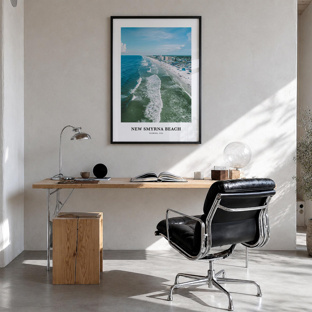 New Smyrna Beach colorful classic poster of Florida, USA – vertical wall art in black wood frame, hanging on wall