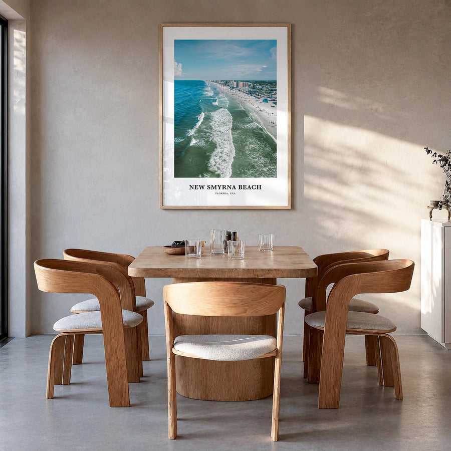New Smyrna Beach colorful classic poster of Florida, USA – vertical wall art in natural wood frame, hanging on wall
