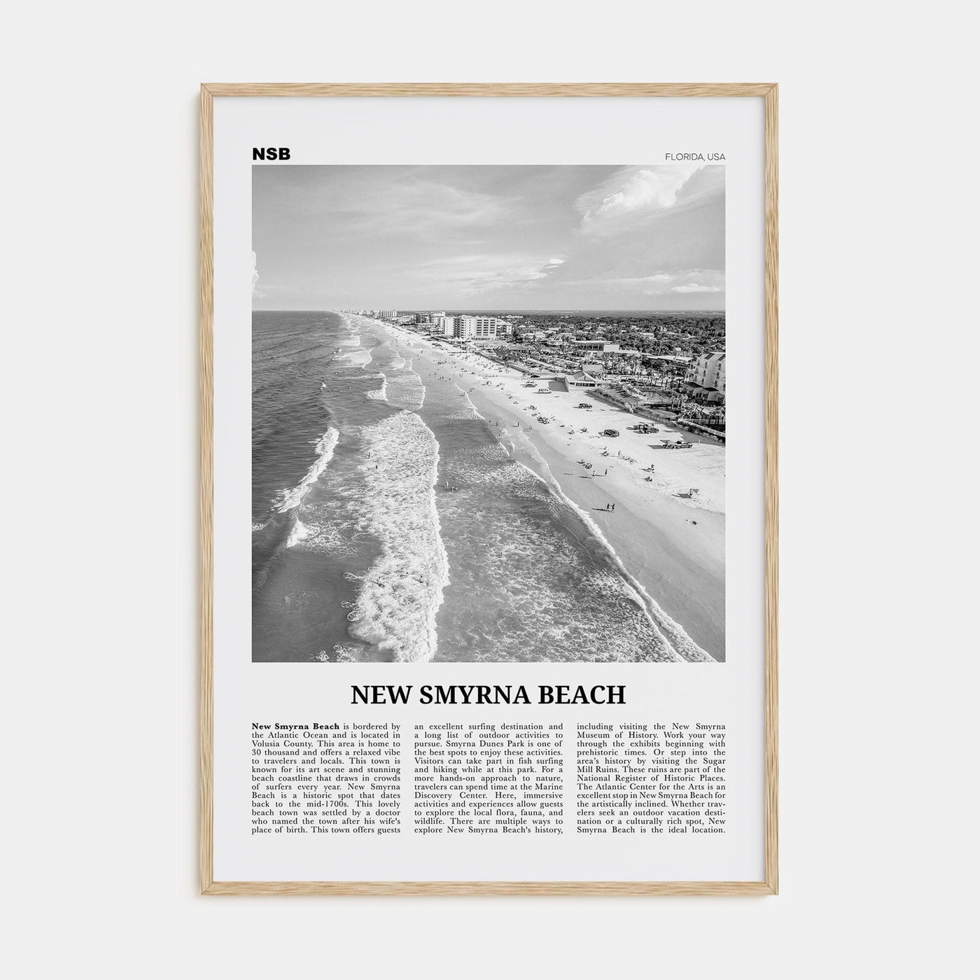 New Smyrna Beach Poster Natural Wood / 8x12 in Nbourhood Travel B&W Poster