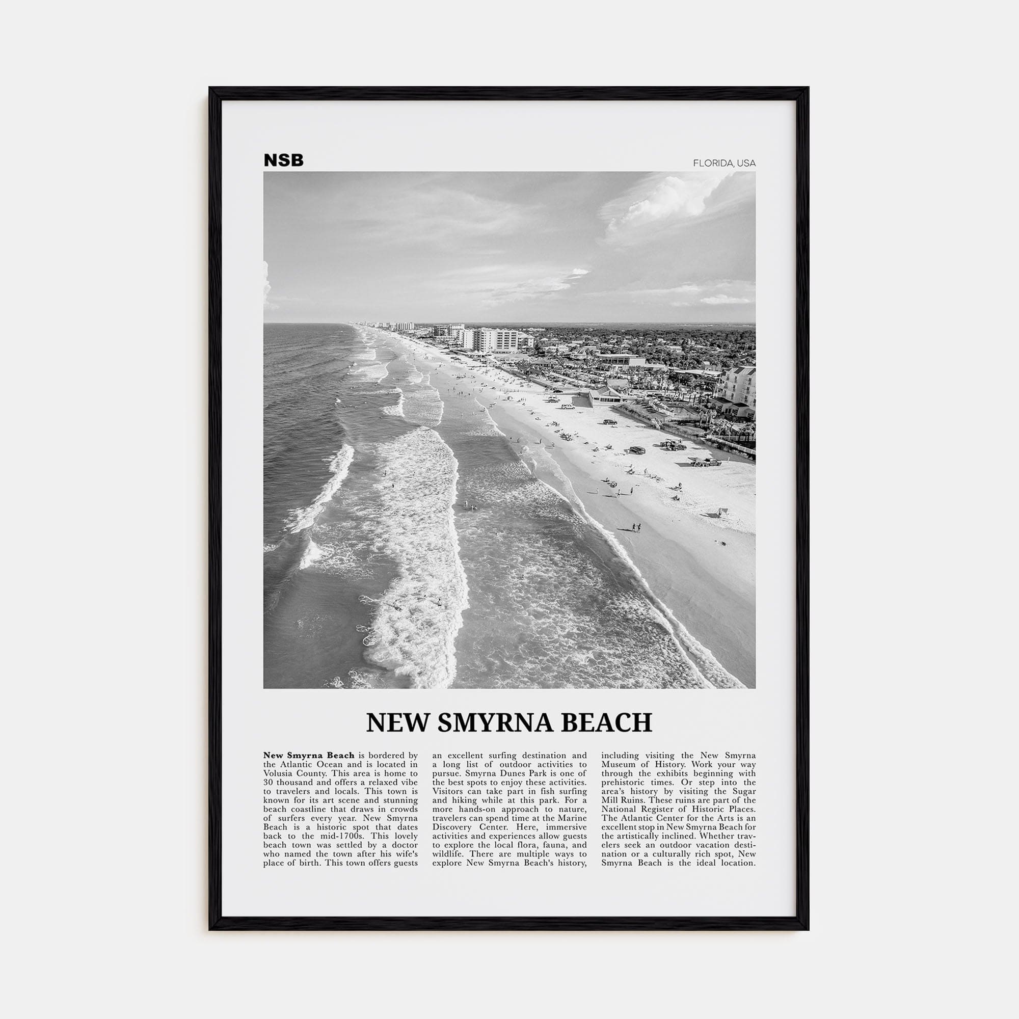 New Smyrna Beach Poster Black Wood / 8x12 in Nbourhood Travel B&W Poster