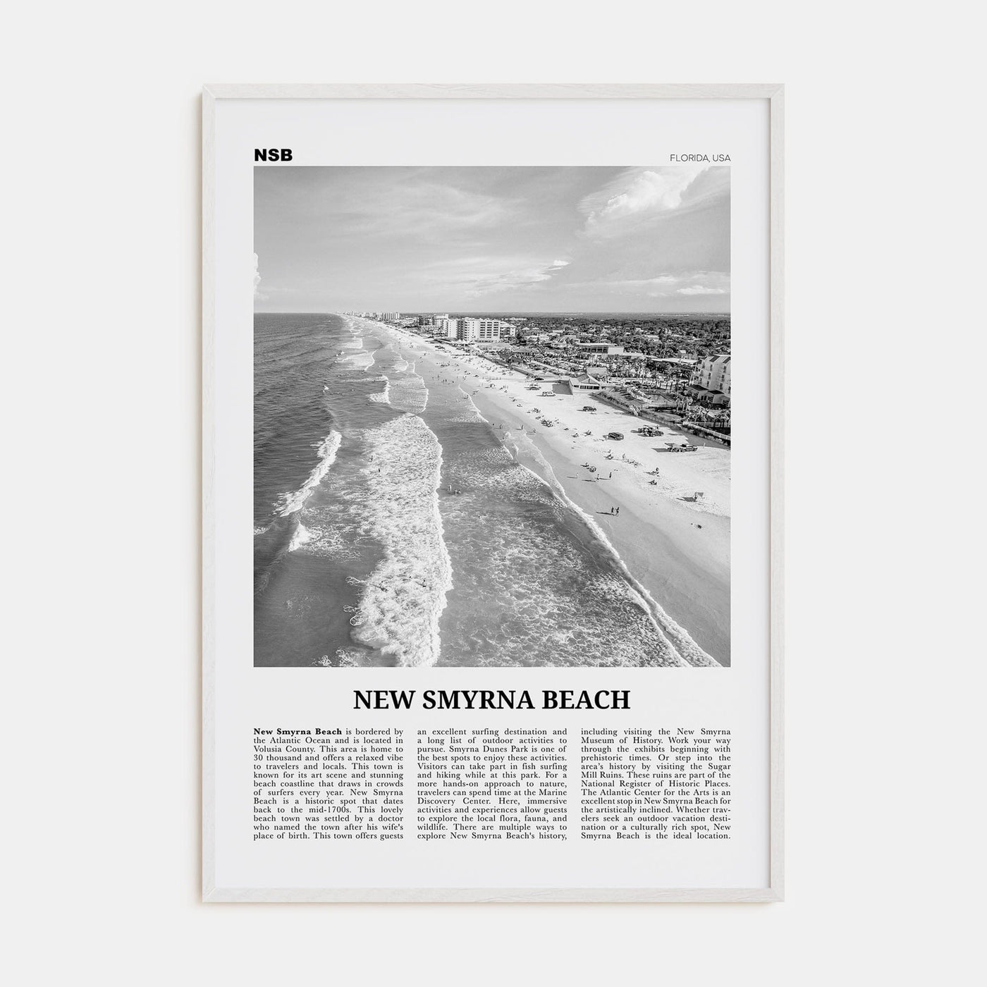 New Smyrna Beach Poster White Wood / 8x12 in Nbourhood Travel B&W Poster