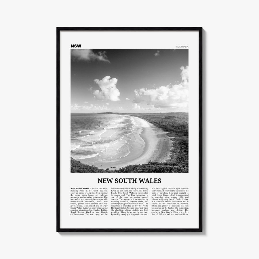 New South Wales black & white newspaper poster of Australia – vertical wall art, unframed print shown in interior mockup