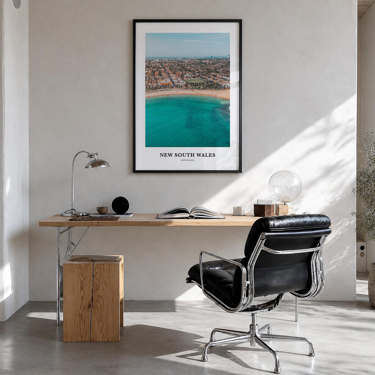 New South Wales no. 1 colorful classic poster of Australia – vertical wall art in black wood frame, hanging on wall