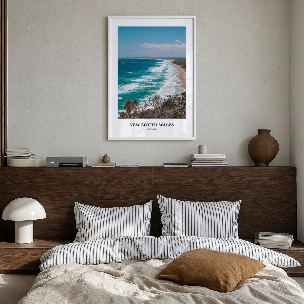 New South Wales no. 2 colorful classic poster of Australia – vertical wall art in white wood frame, hanging on wall