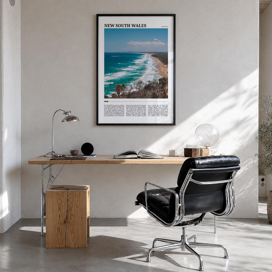 New South Wales no. 2 colorful travel poster of Australia – vertical wall art in black wood frame, hanging on wall