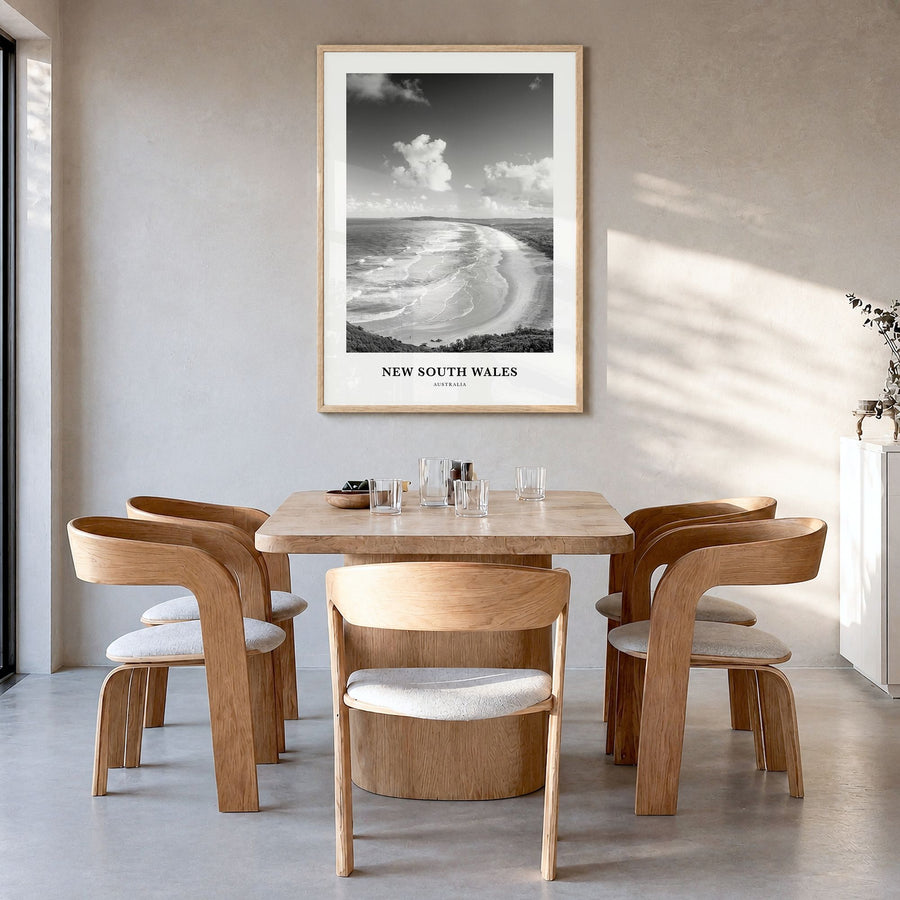 New South Wales Classic Poster in a natural wood frame, hanging in a dining room