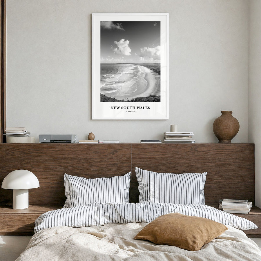New South Wales Classic Poster in a white wood frame, hanging in a bedroom