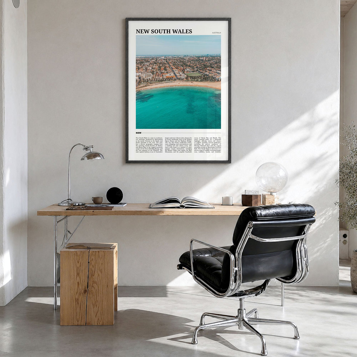 New South Wales Travel No 1 Poster in a black wood frame, hanging in a bright home office