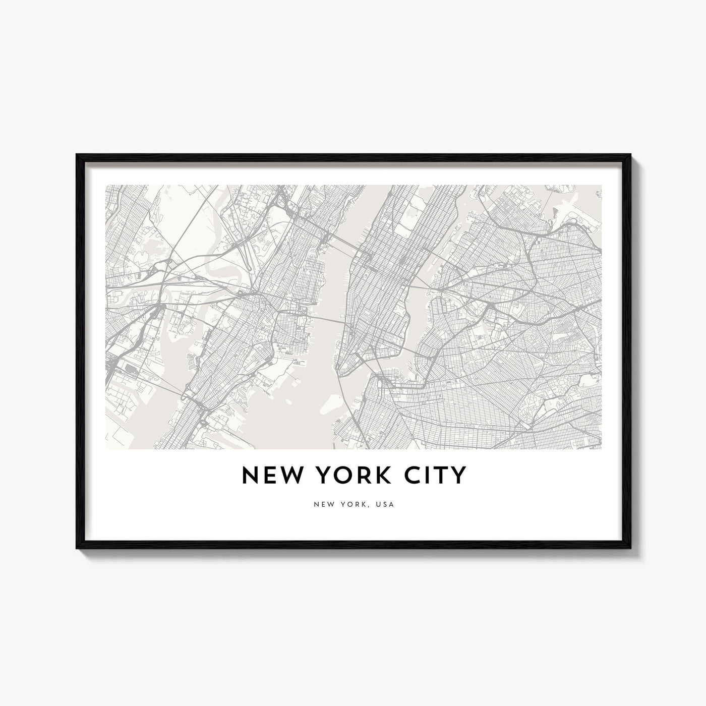 New York City black & white map poster of New York, USA – horizontal wall art, unframed print shown in interior mockup