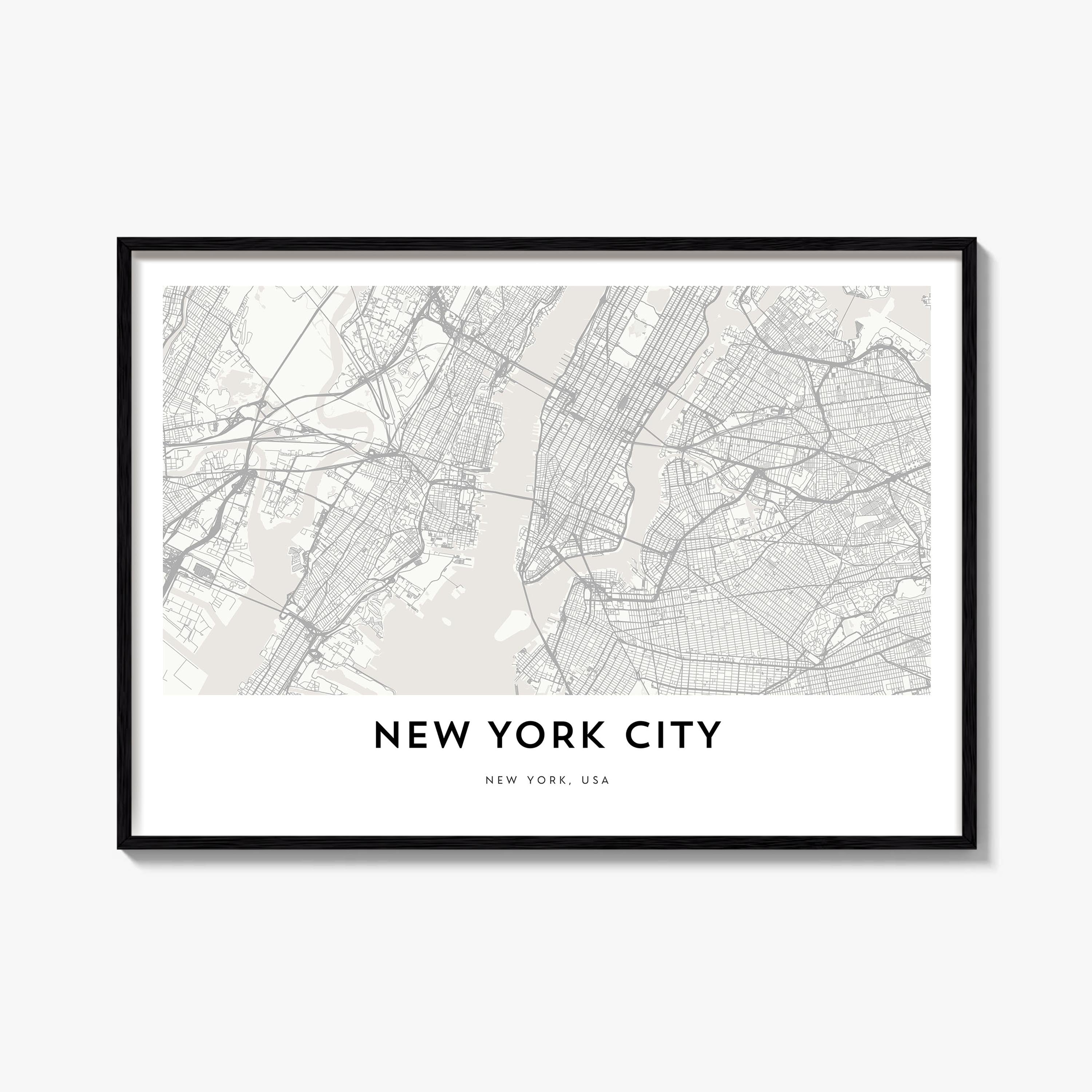 New York City black & white map poster of New York, USA – horizontal wall art, unframed print shown in interior mockup