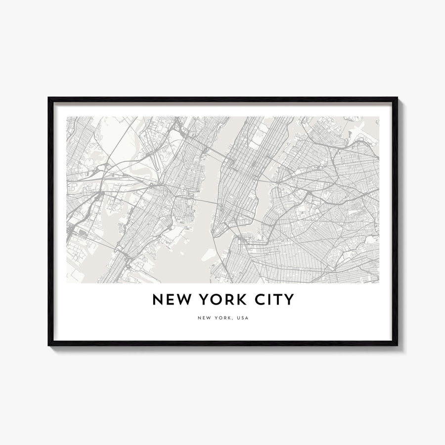 New York City black & white map poster of New York, USA – horizontal wall art, unframed print shown in interior mockup