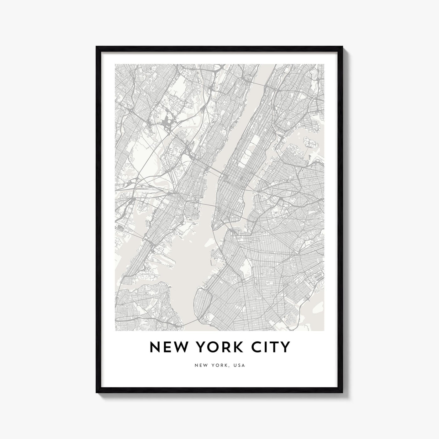 New York City black & white map poster of New York, USA – vertical wall art, unframed print shown in interior mockup