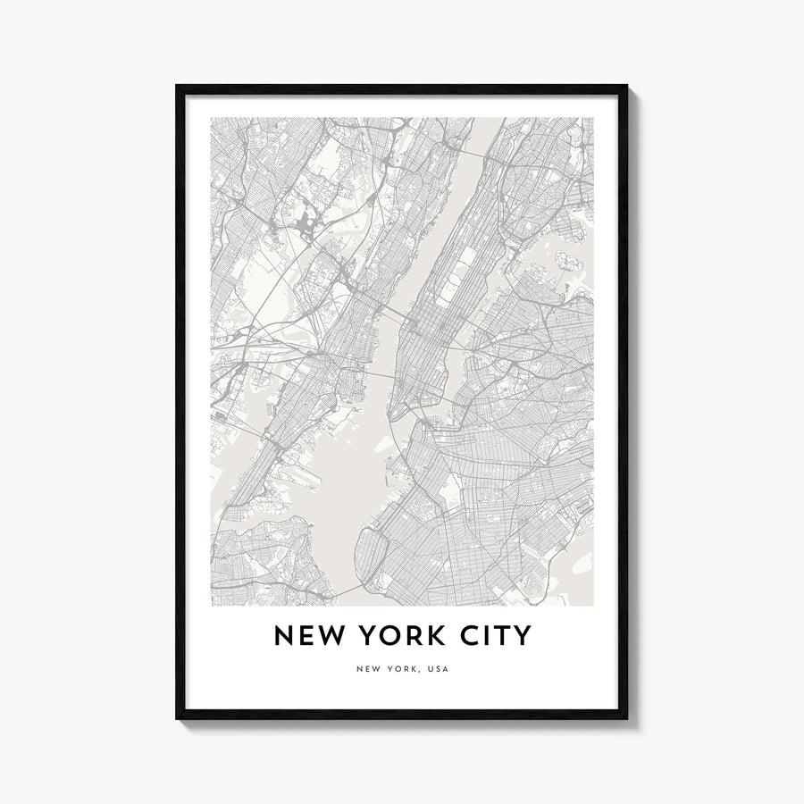 New York City black & white map poster of New York, USA – vertical wall art, unframed print shown in interior mockup
