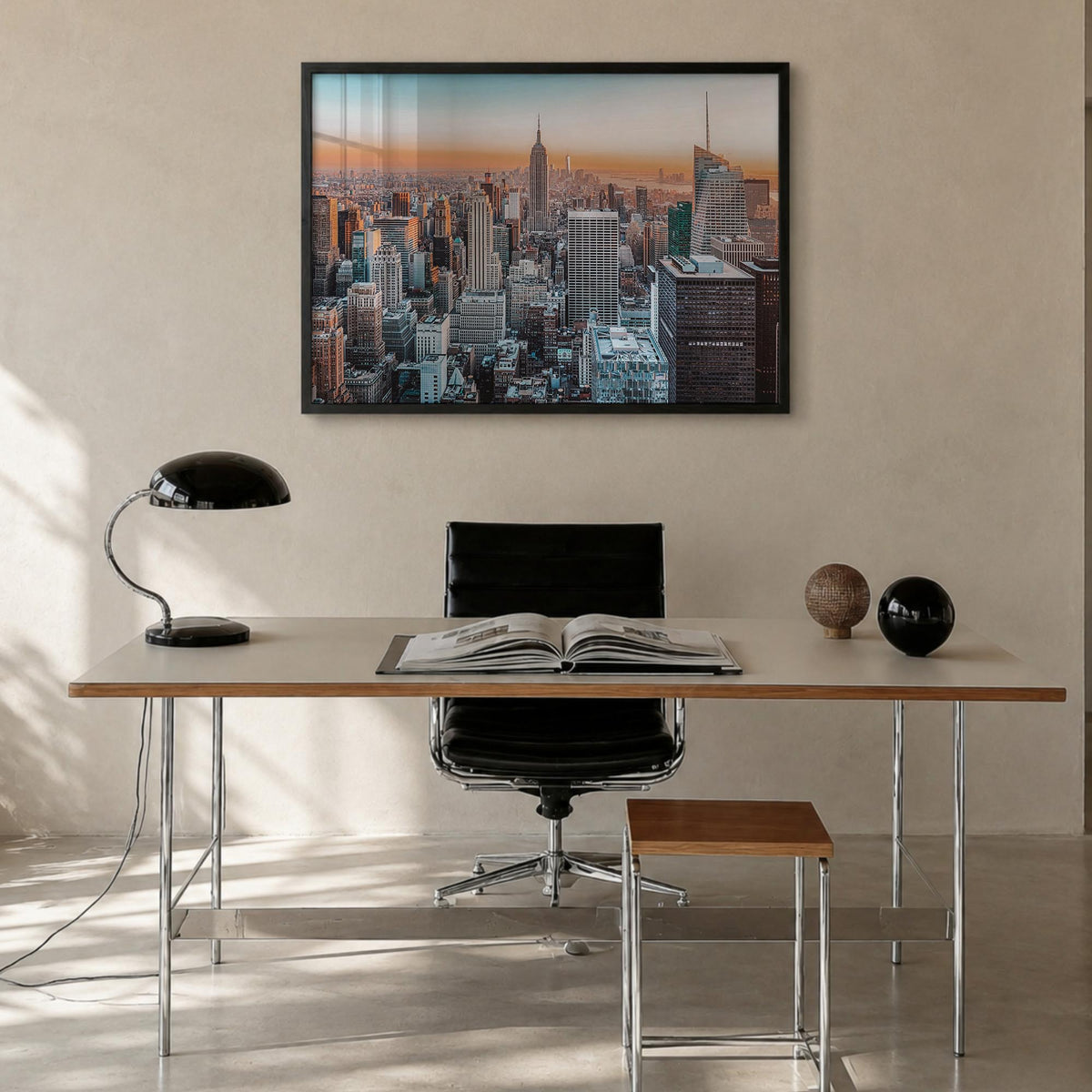 New York City colorful photo poster of New York, USA – horizontal wall art in black wood frame, hanging on wall