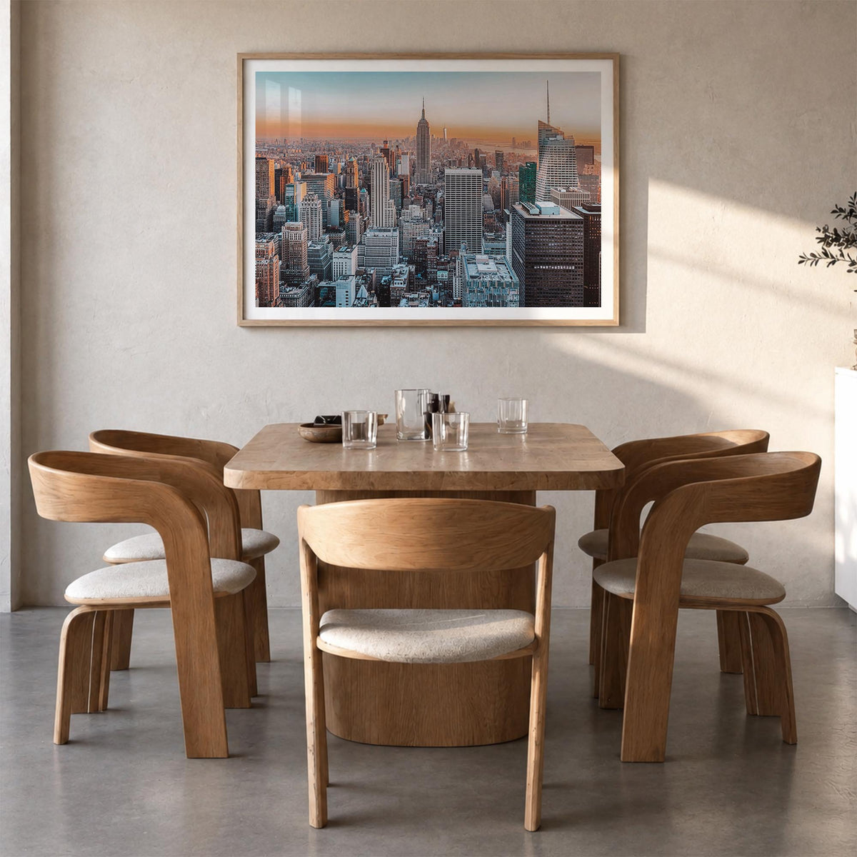 New York City colorful photo poster of New York, USA – horizontal wall art in natural wood frame with white border, hanging o