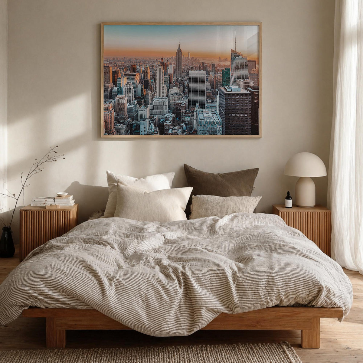 New York City colorful photo poster of New York, USA – horizontal wall art in natural wood frame, hanging on wall